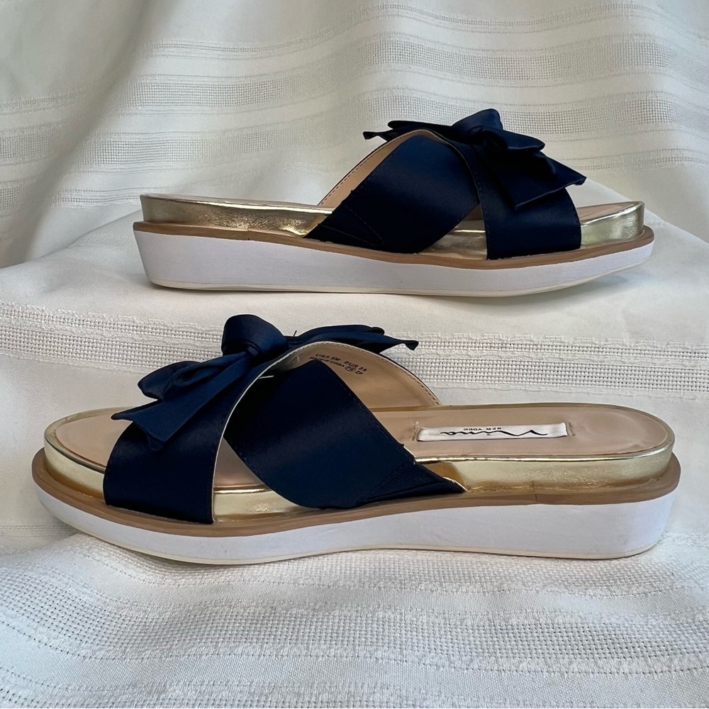 Platform Sandal Flip Flop Nina Navy Satin Gold Sz 5β EUC - Picture 5 of 13